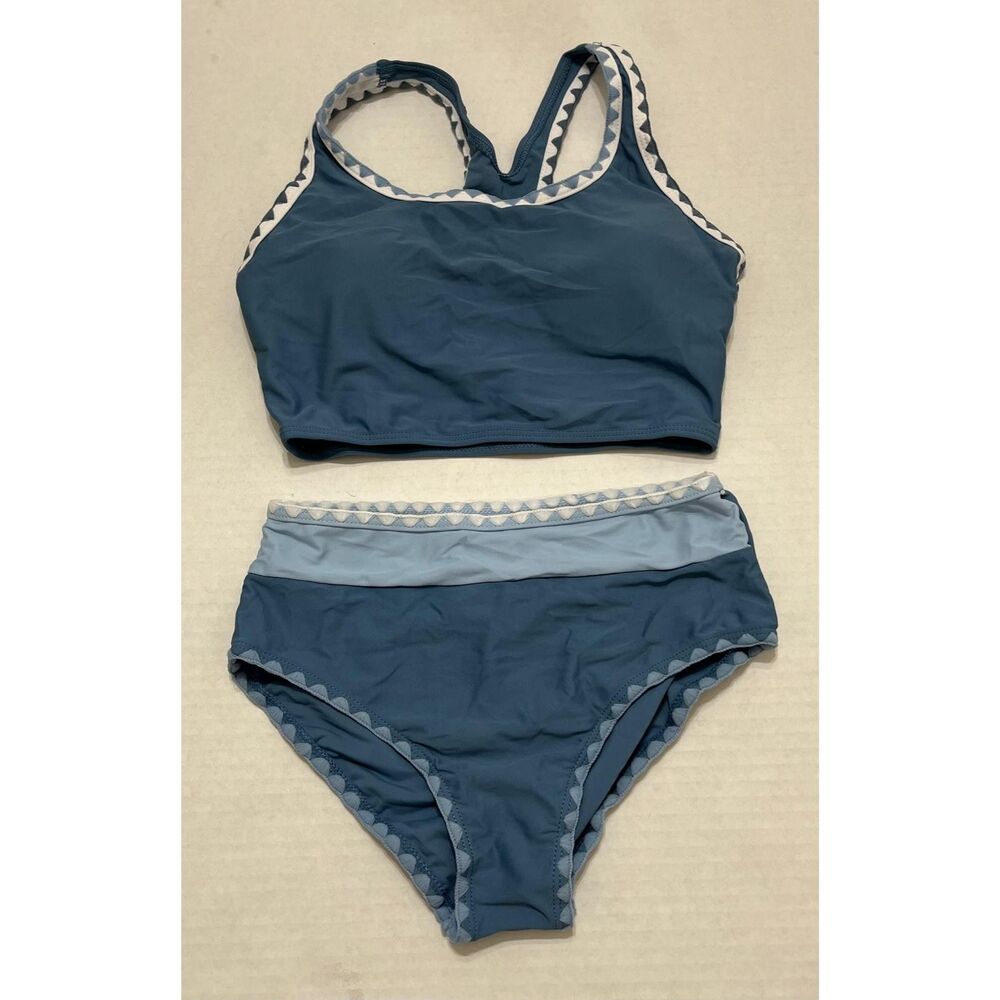 Girls 2 Piece Blue High Waisted Swimsuit Bikini Size 11-12Y New